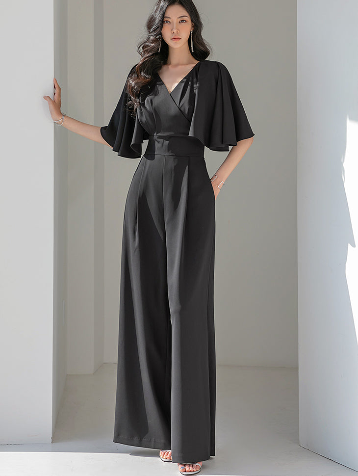 JS9004 Vネックショルダーフリルマキシジャンプスーツ