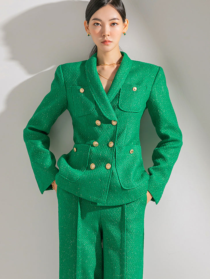 J1616 ツイードショールカラーダブルボタンジャケット