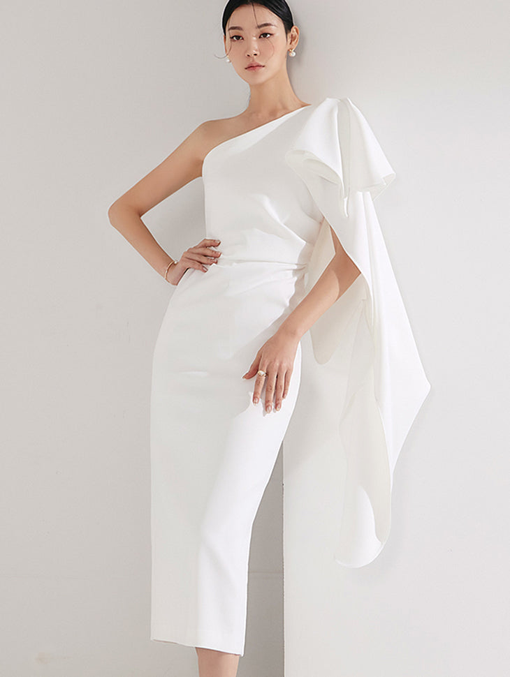 D9408 ワンショルダーシャーリングドレープミディワンピース