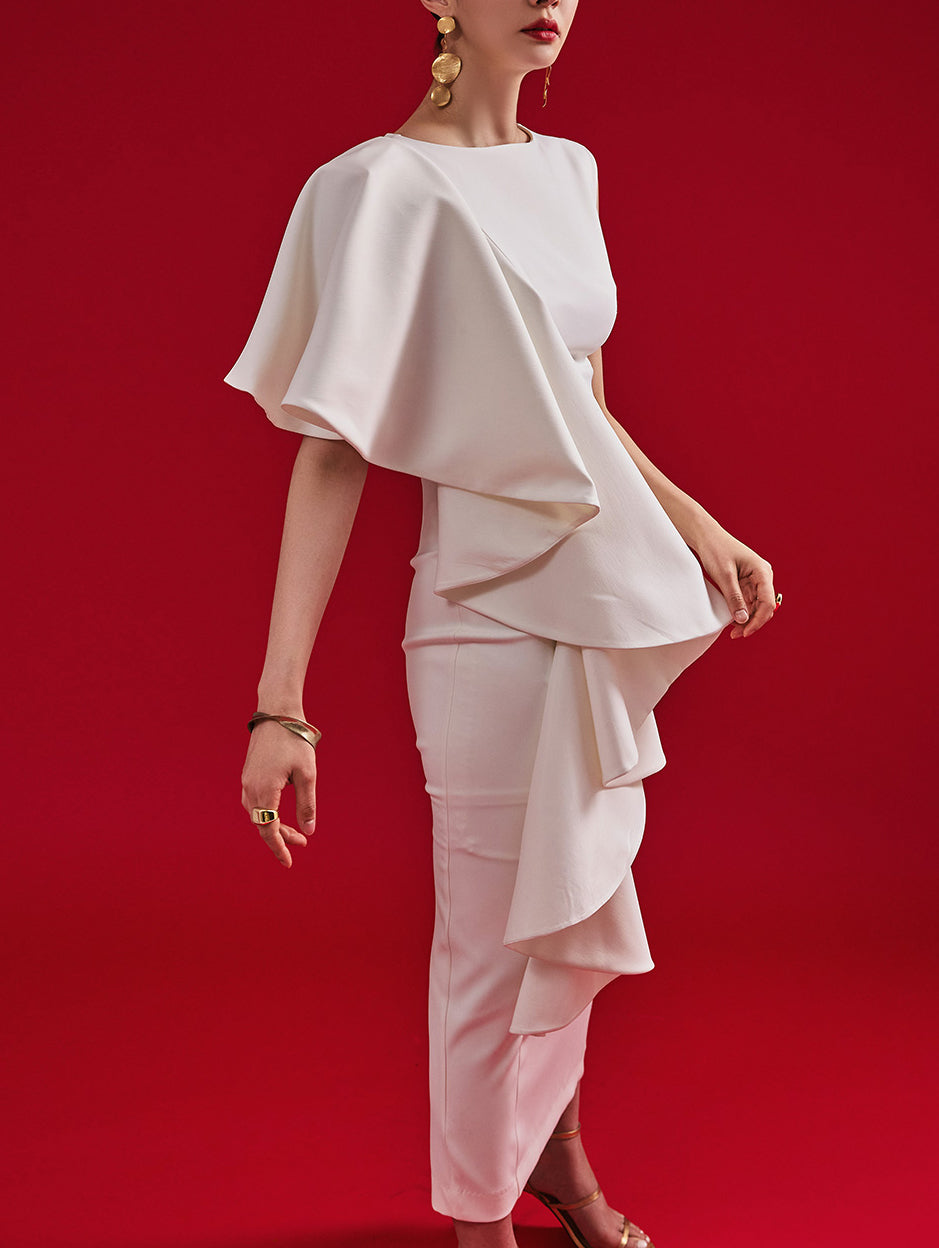 D9413 ノースリーブワンショルダーフリルミディワンピース