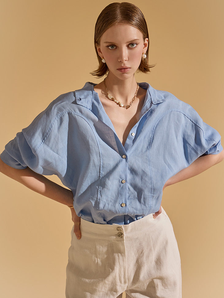 S554 亚麻细褶插肩衬衫