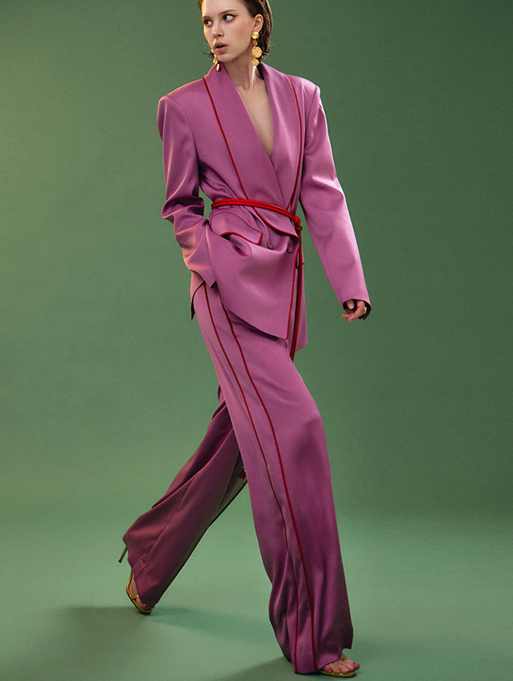 MBDTP010 缎纹拼色双扣夹克西装套装(夹克腰带套装)