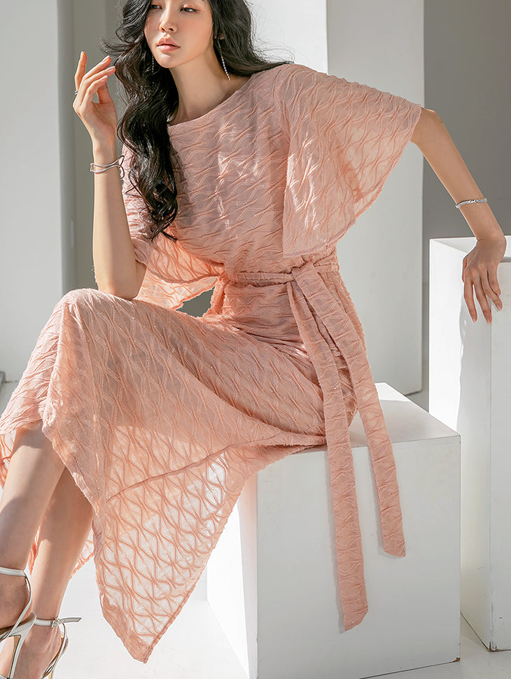 D4431 Tie Belt Long Dress