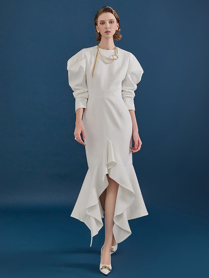 D9285 パフスリーブスリムフリルポイントアンバランスワンピース