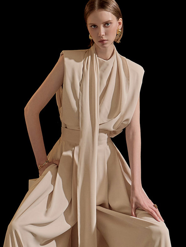 B9080 垂坠无袖垫围巾衬衫