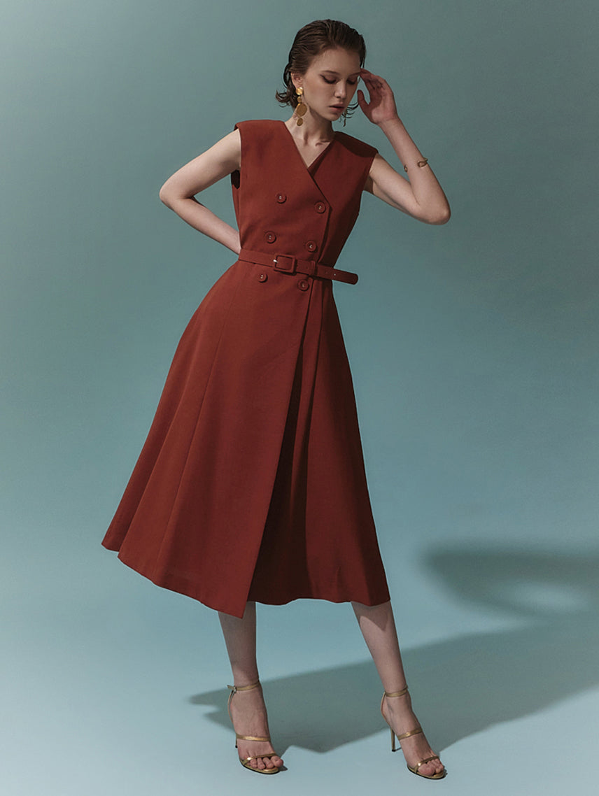 D4703 双扣无袖中长连衣裙(腰带)