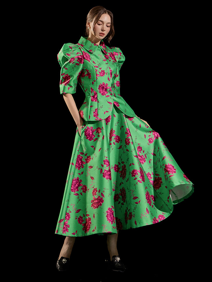 TP9126 花朵泡泡袖半单夹克两件套