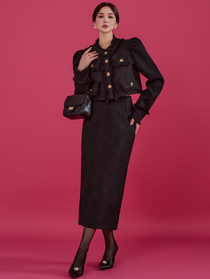 D4797 ツイードフリンジスカート ツーピース