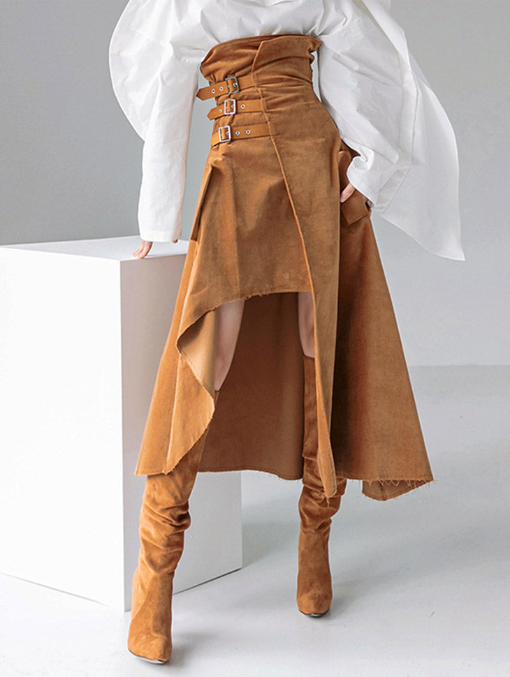 SK2222 绒面革扣不平衡裙