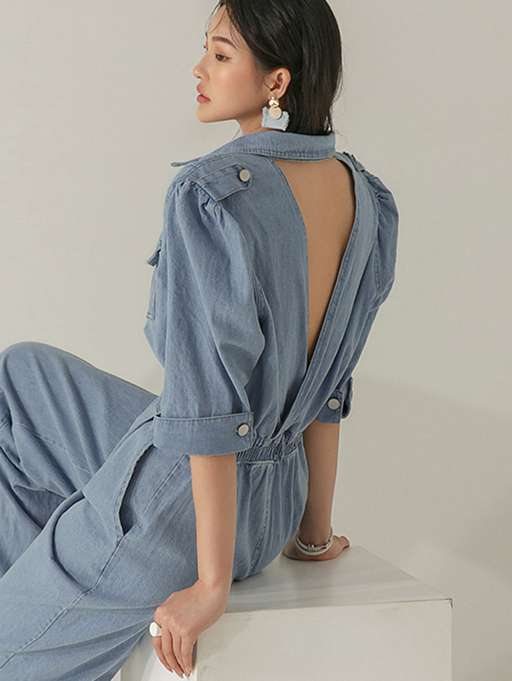 JS008 Denim Back Slit Jumpsuit