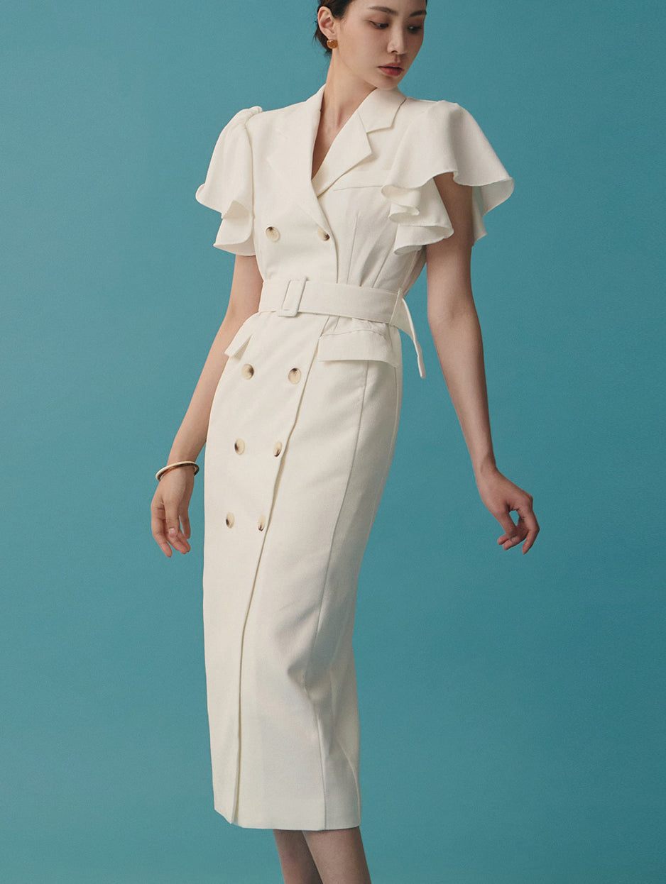 D4699 荷叶边袖连衣裙(配腰带)