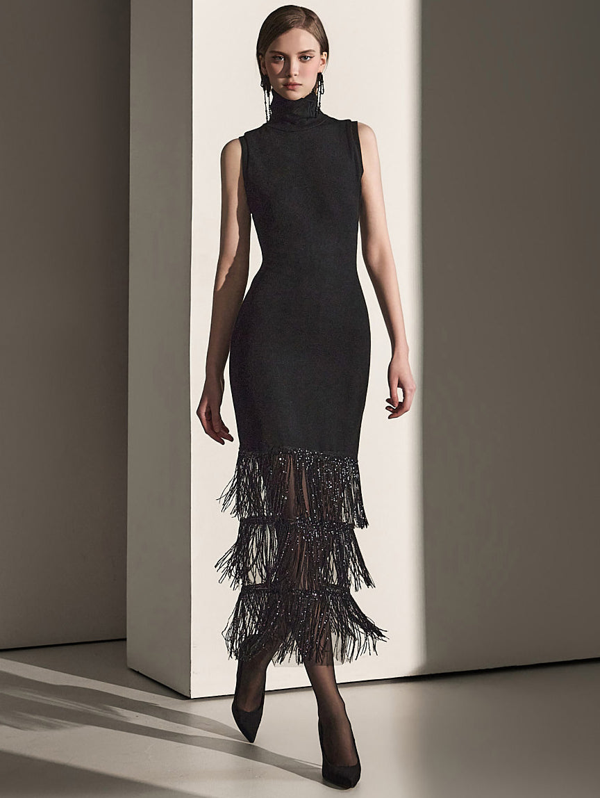 D9461 スパンコールシアーニットドレス