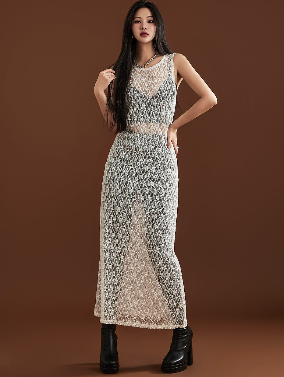 D4832 Sheer Lace Layering Long Dress