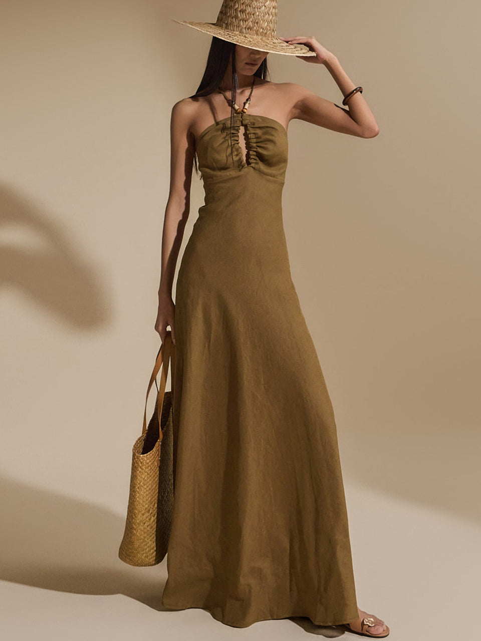 D5026 ホルターネック リネン ドレス