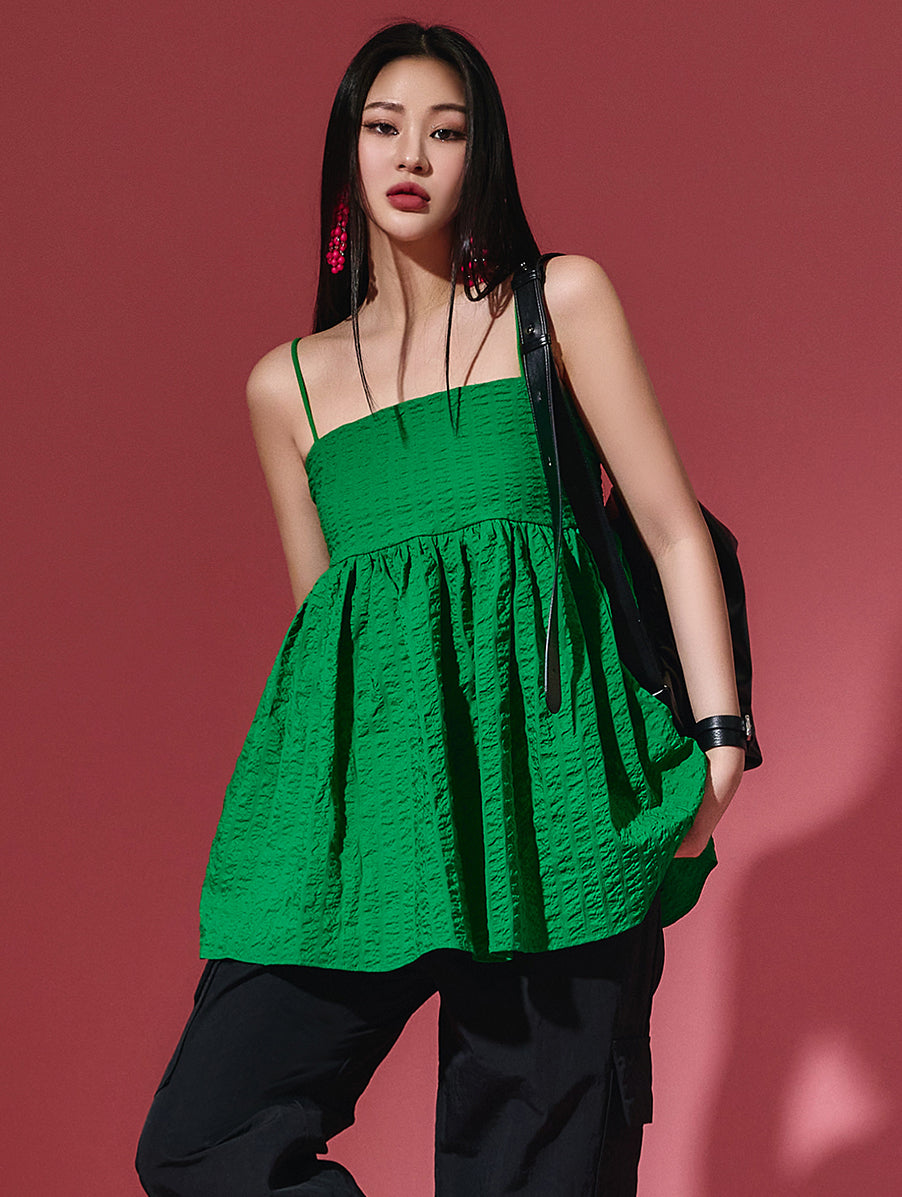 E3307 サテンカウルネックノースリーブトップス