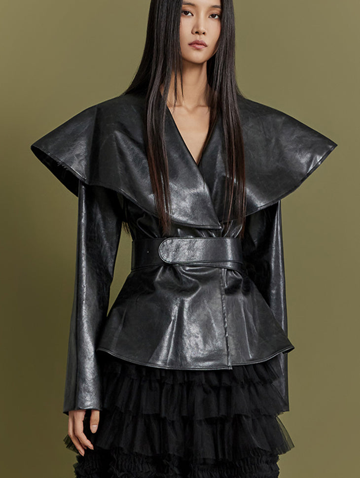 J9261 皮革宽披肩领单夹克(腰带套装)