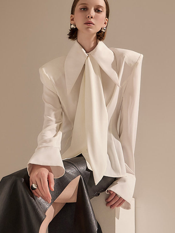 B9139 Button Shoulder Pad Blouse(Scarf Set)