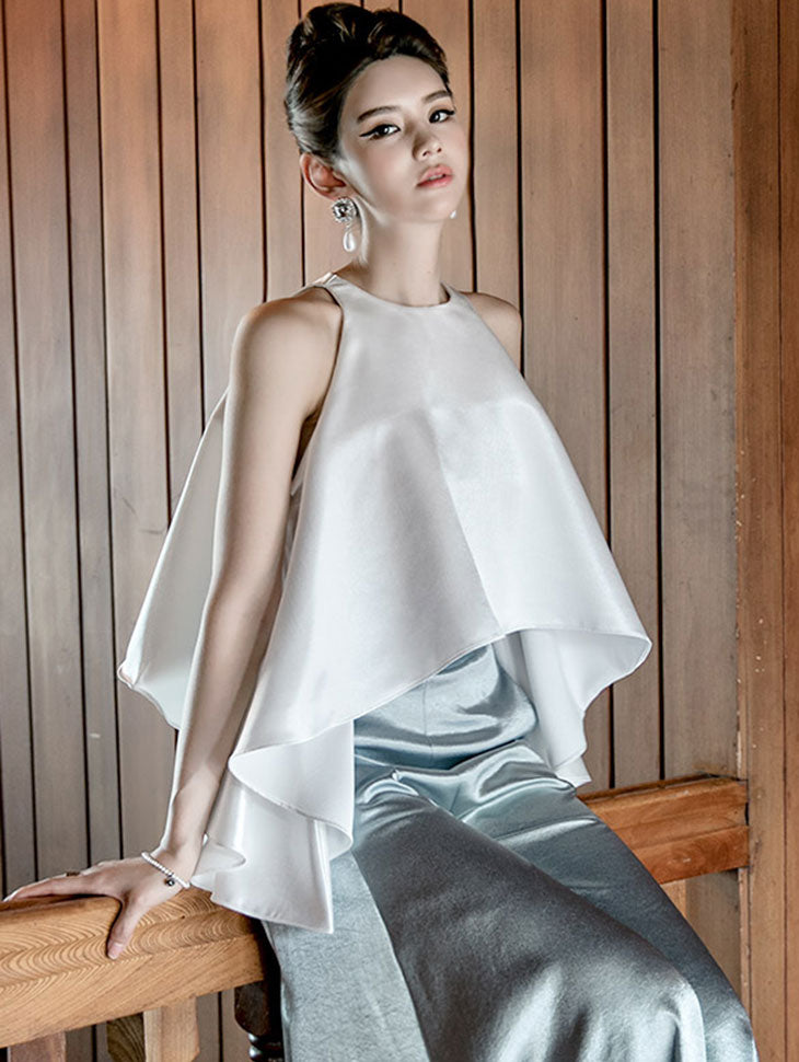 B9089 グロッシーホルターネックアシンメトリーブラウス