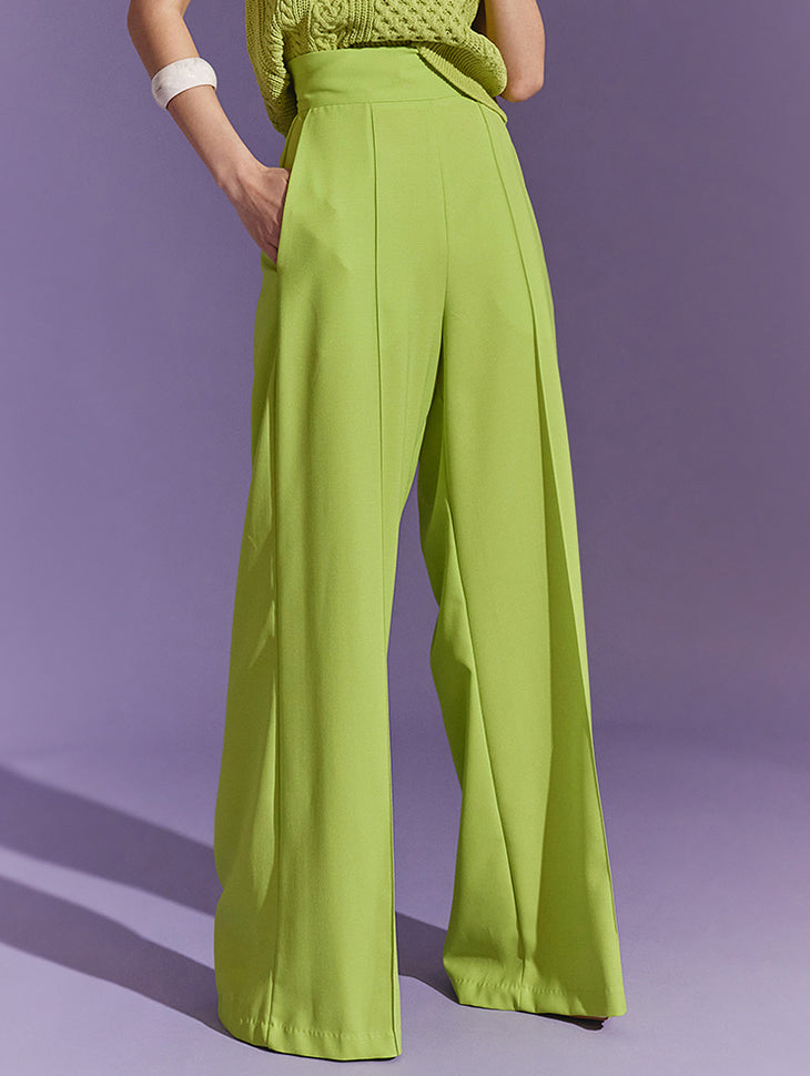P9108 High Waist Pin Tuck Wide Long Slacks