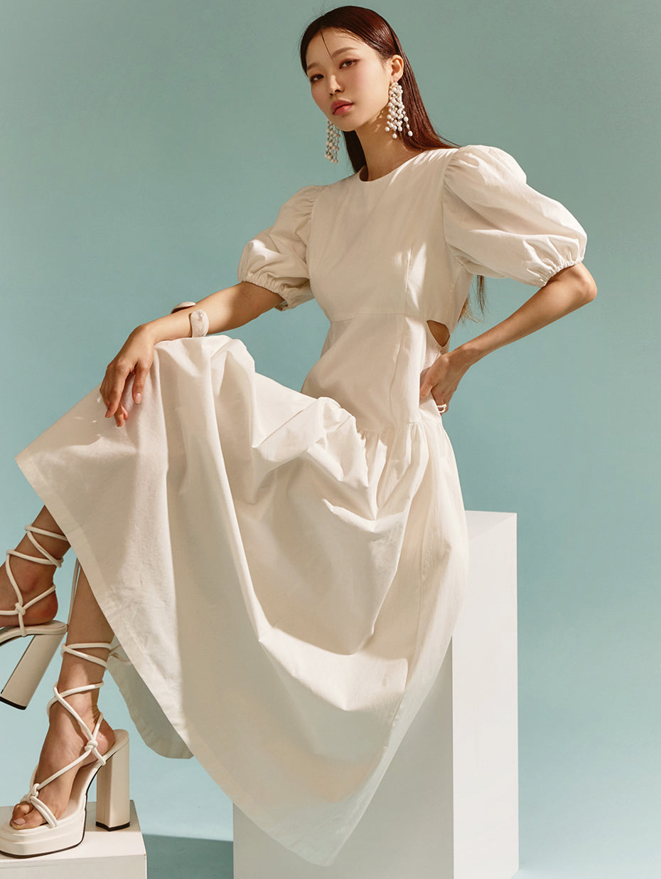 D4722 パフスリーブ サイドカットアウト ロングドレス