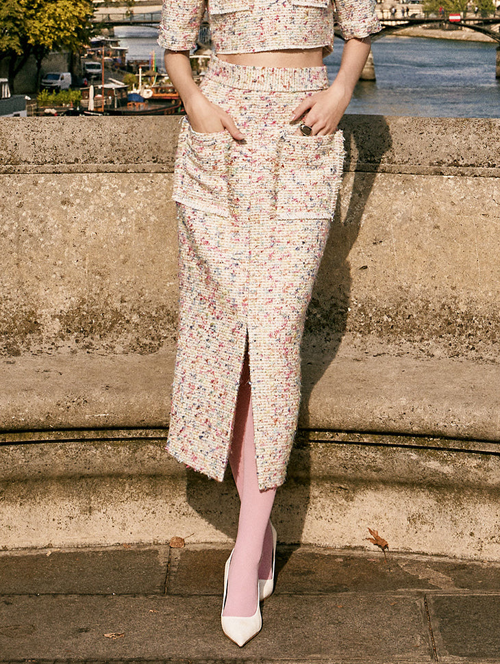 SK9217 Tweed Pocket Slit Midi Skirt