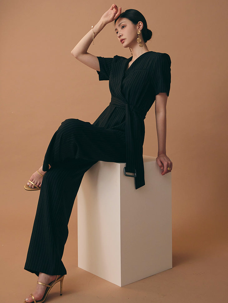 JS013 ベルト付きストライプジャンプスーツ