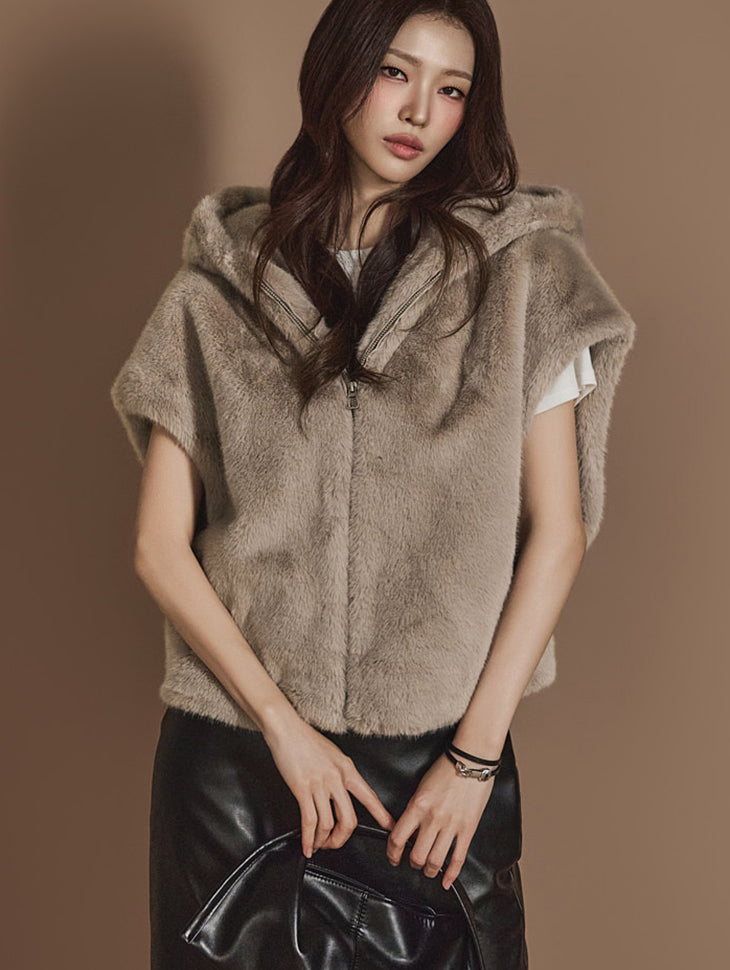 J2439 人造毛皮连帽拉链