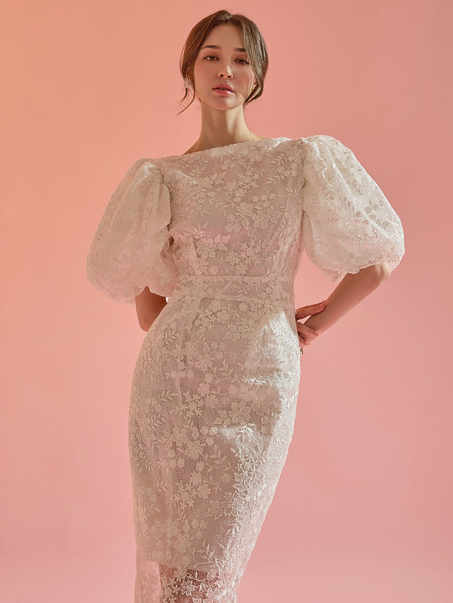 D9328 Lace Puff Slim Midi Dress