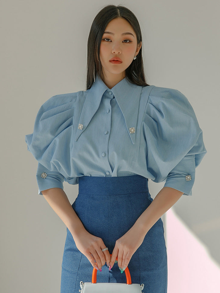 S669 デニムビッグカラーパフブラウス
