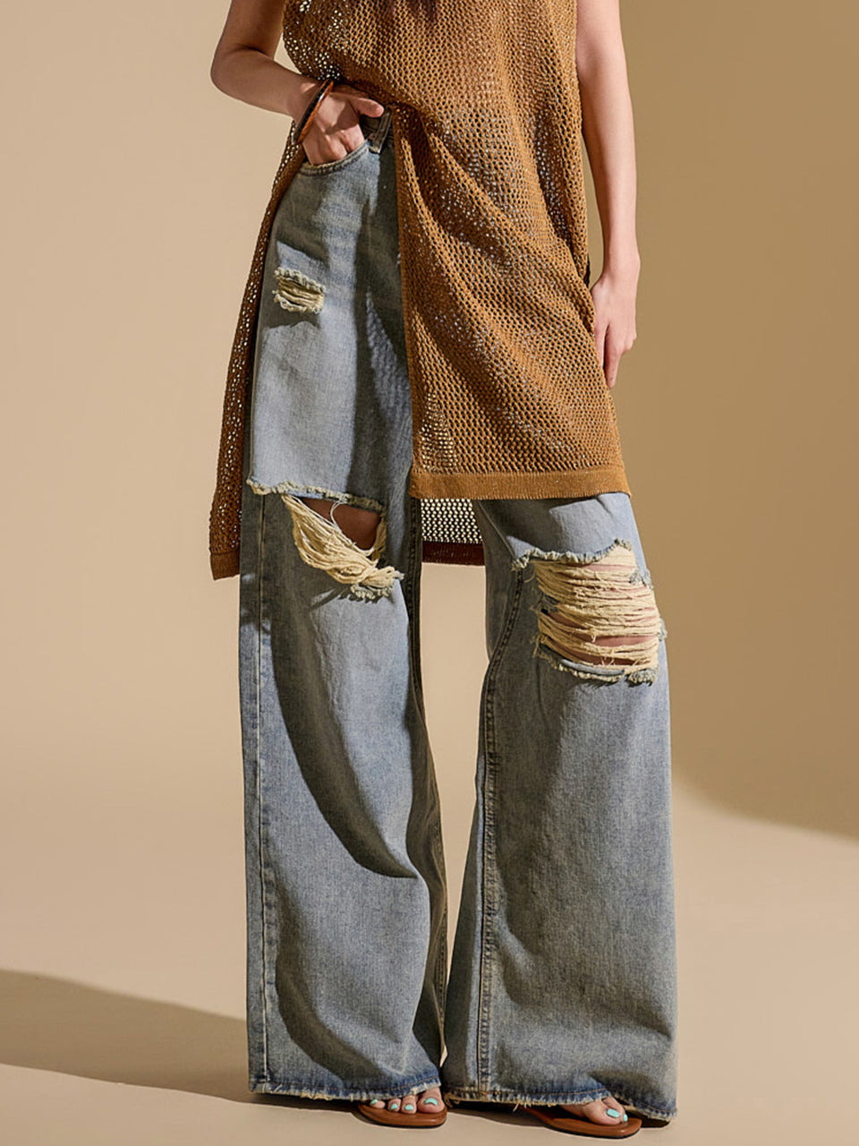 PJ524 ダメージ加工ワイドジーンズ