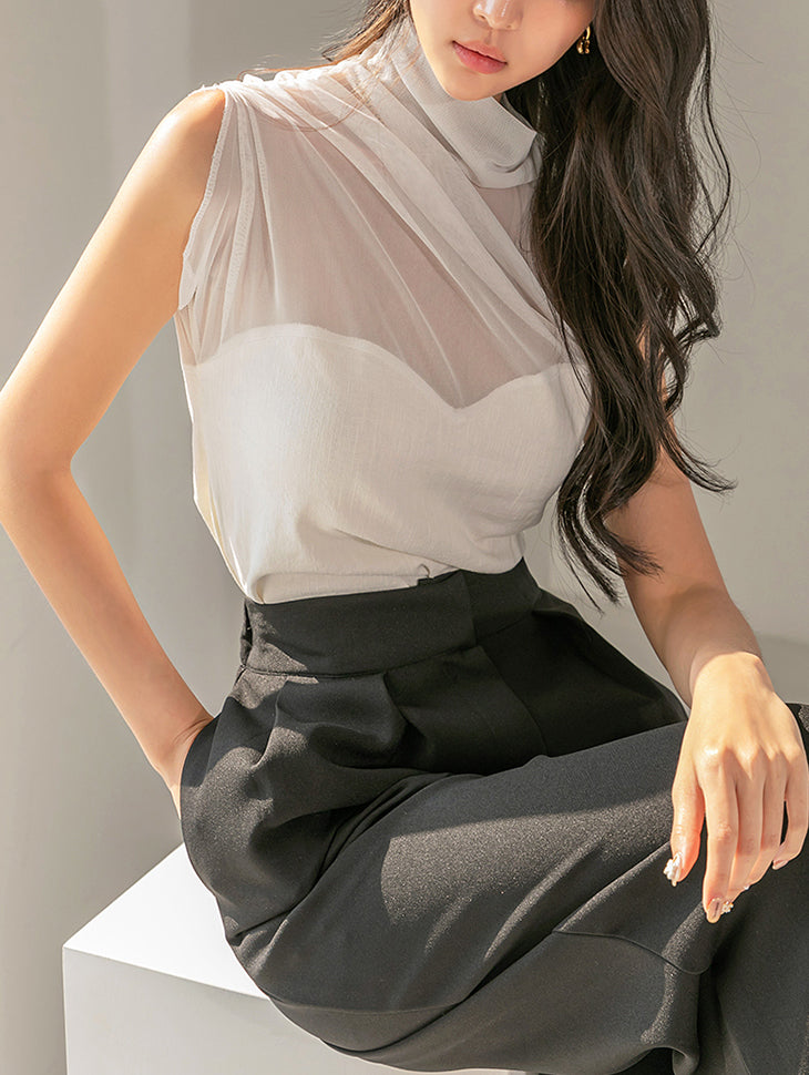 E2795 High neck Sheer Sleeveless Top