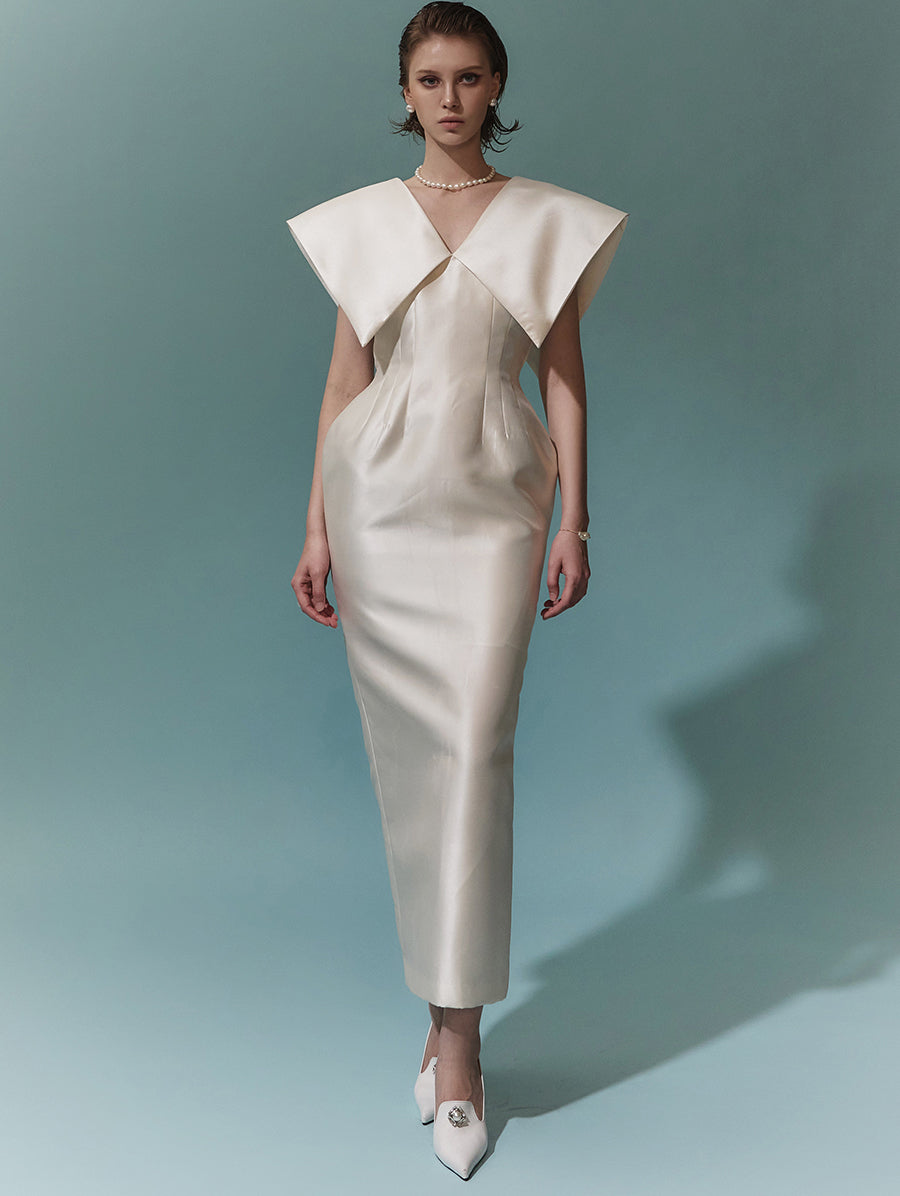 D9391 Glossy Big-collar Sleeveless Long Dress