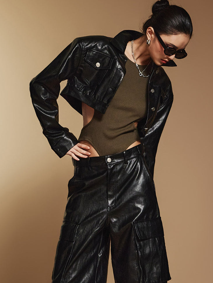 J2361 皮革短款毛衣夹克