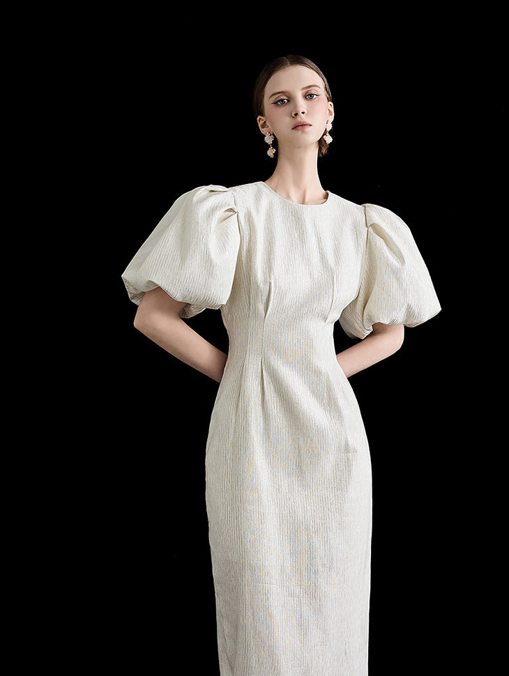 D4854 亮面泡泡袖连衣裙