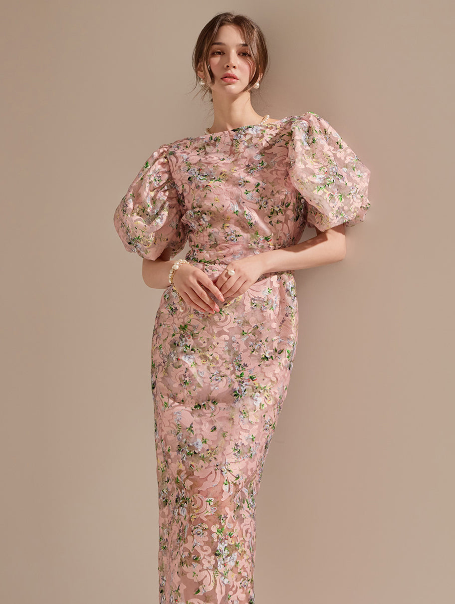 D9082 Floral Puff Slim Midi Dress*LARGE Size Available*
