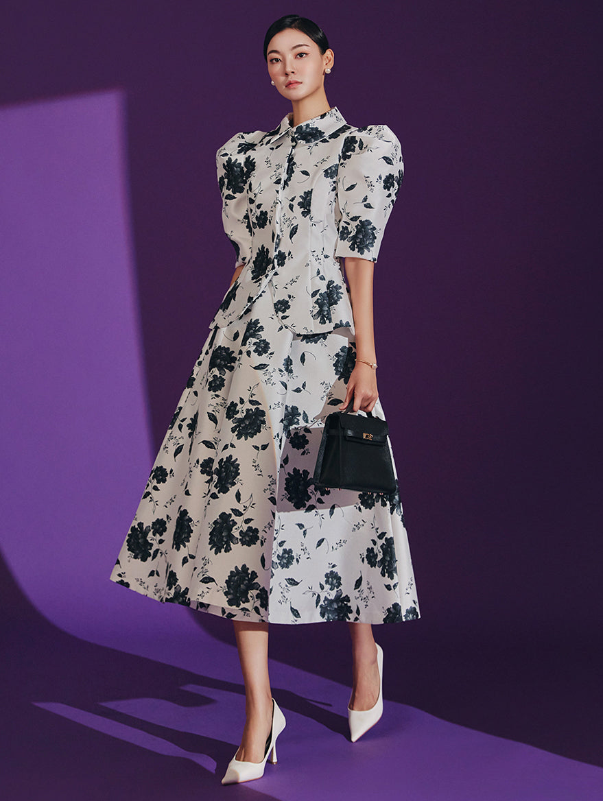 TP9126 花朵泡泡袖半单夹克两件套