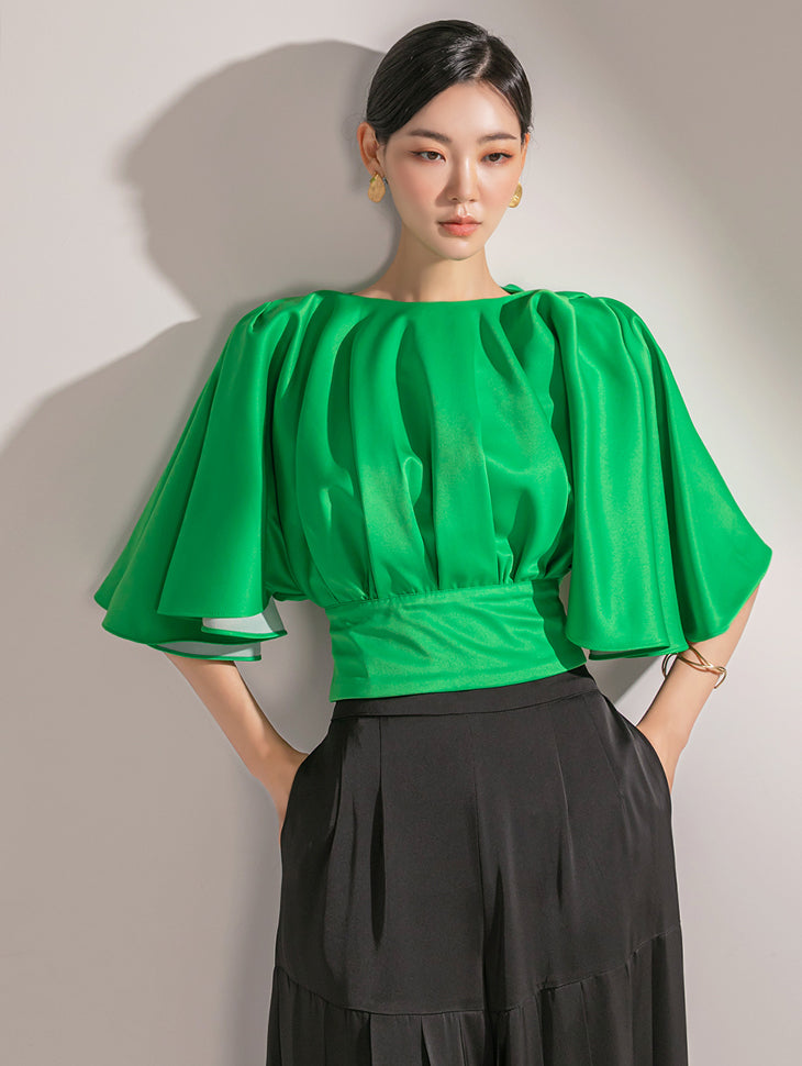 B9107 缎面针褶喇叭形衬衫