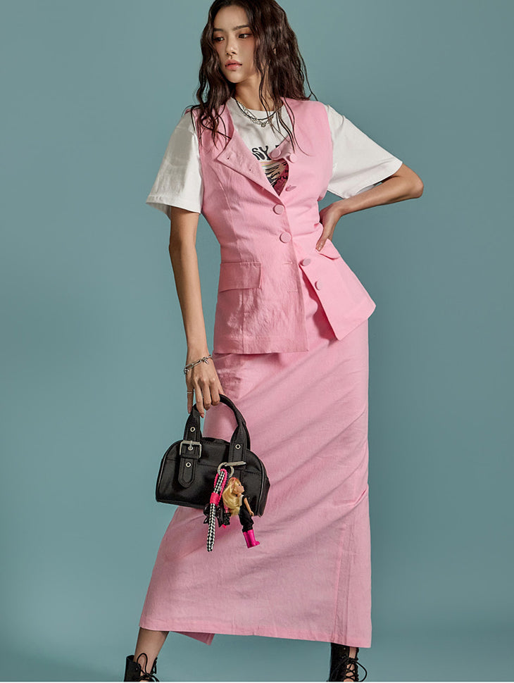 TP1909 亚麻背心和裙子套装