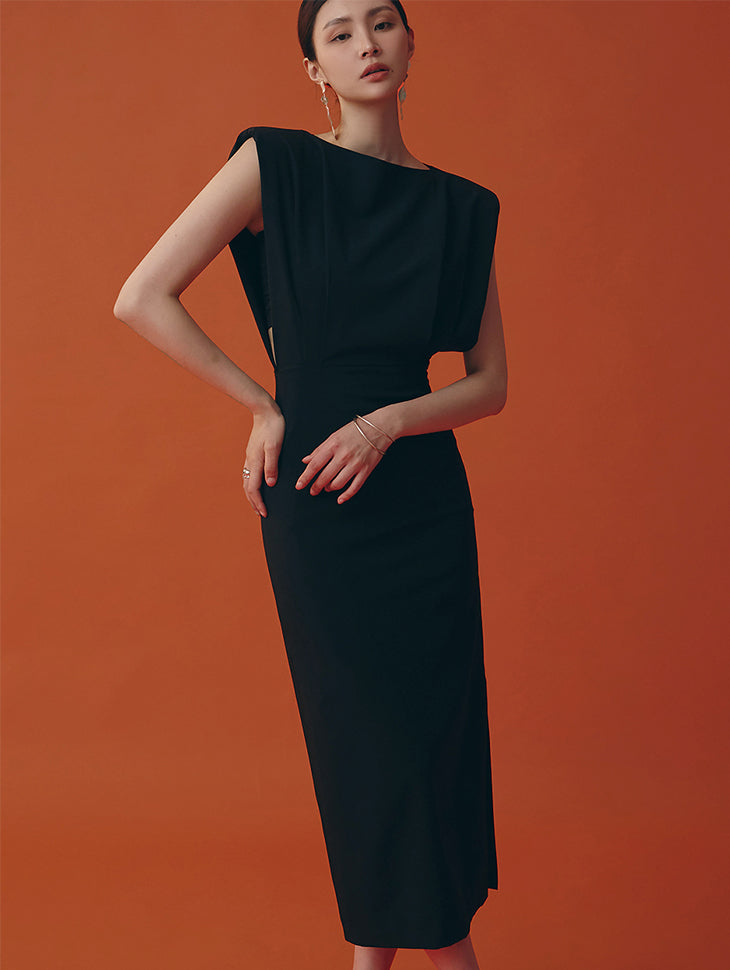 D9419 Pintuck Shoulder Pad Midi Dress(Inner Set)