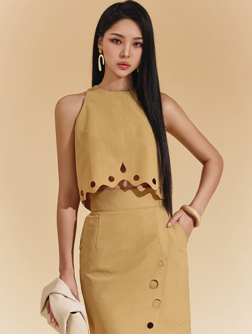 B9131 孔眼无袖短款衬衫