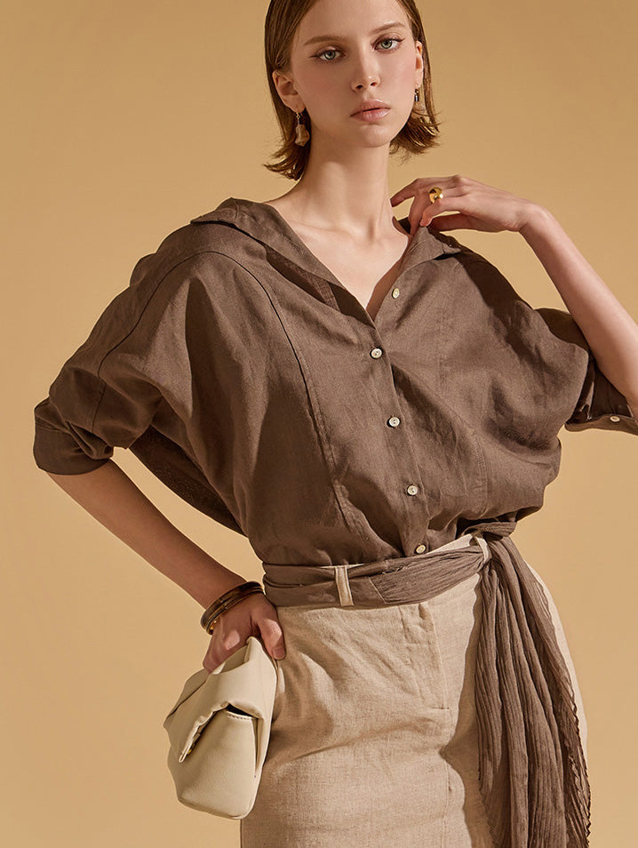 S554 亚麻细褶插肩衬衫