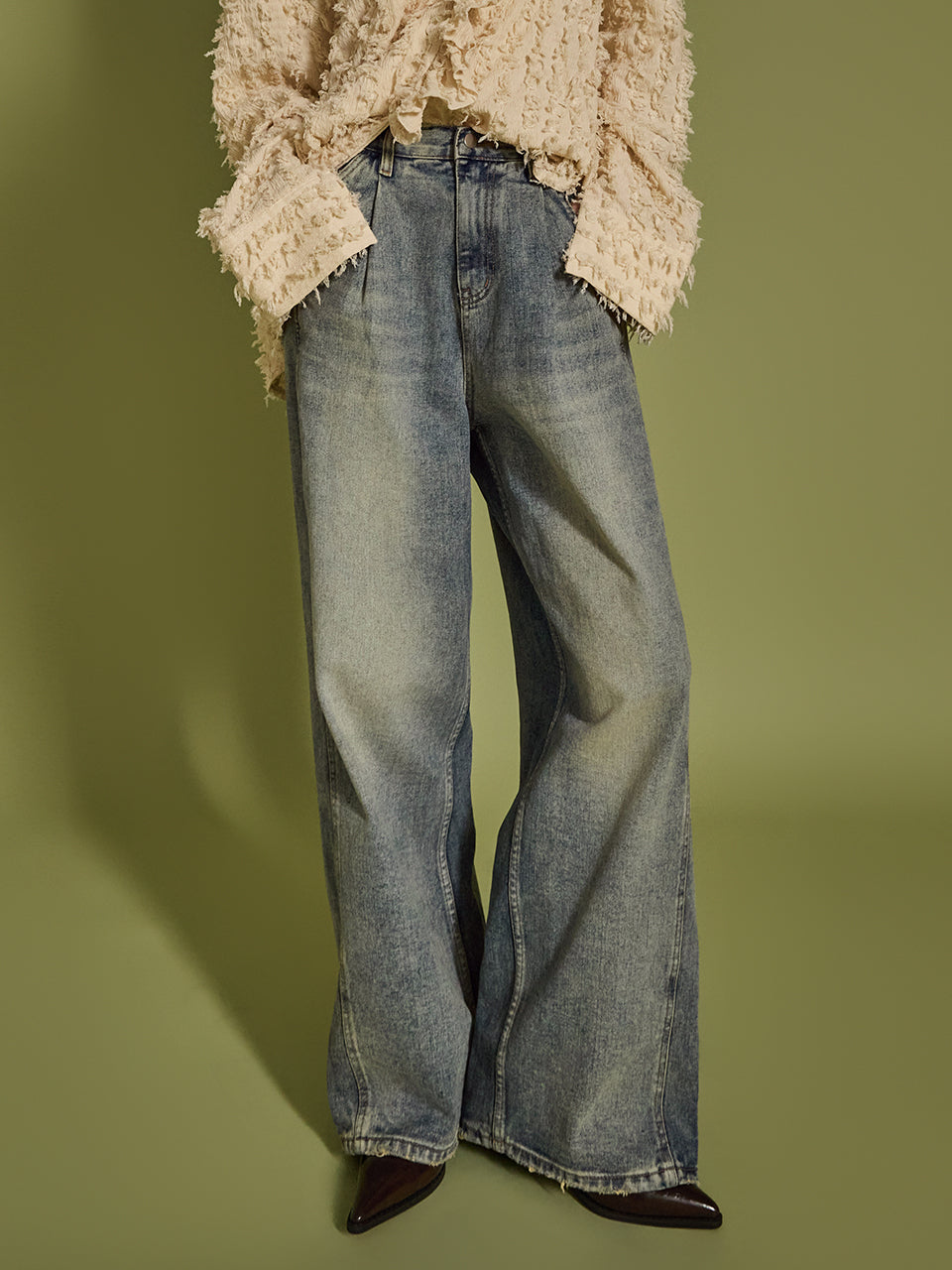 PJ541 褶裥宽牛仔裤