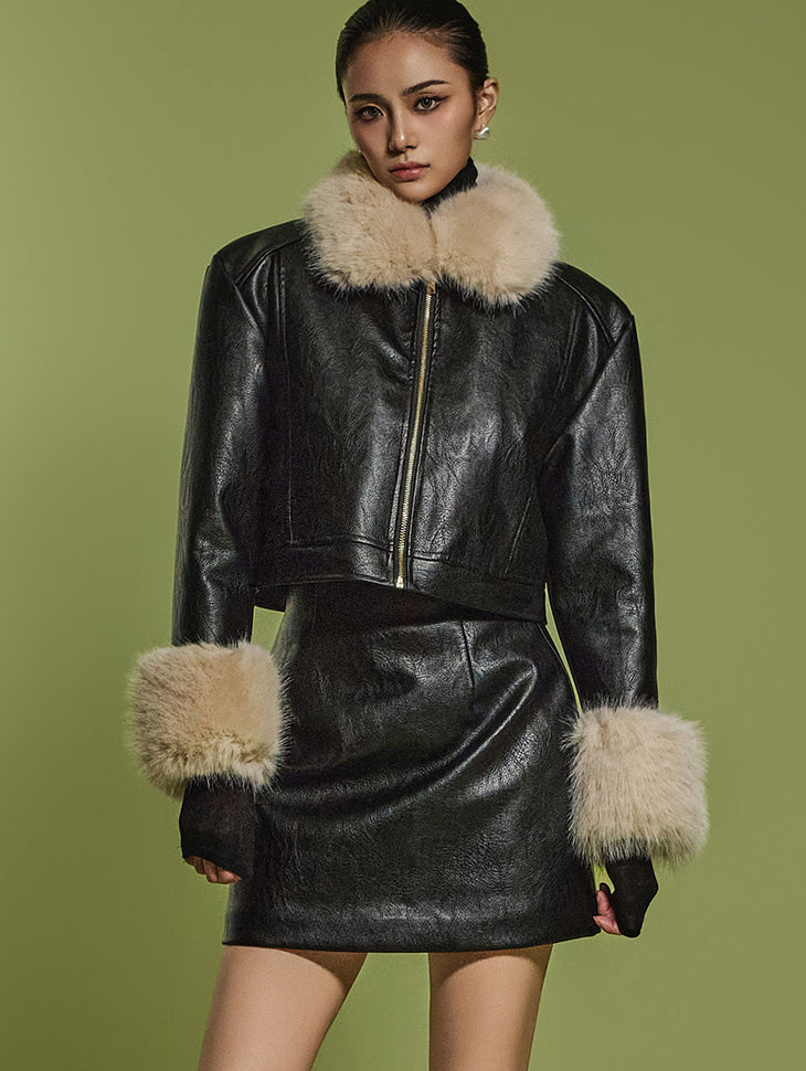 J2468 レザークロップドジャケット*ファー取り外し可能*