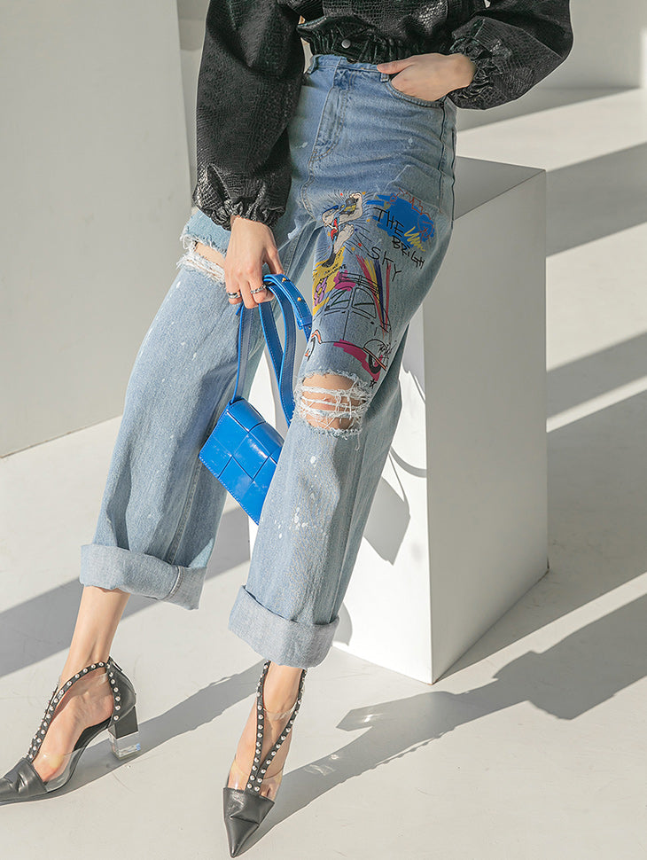 PJ431 ヴィンテージプリントワイドジーンズ