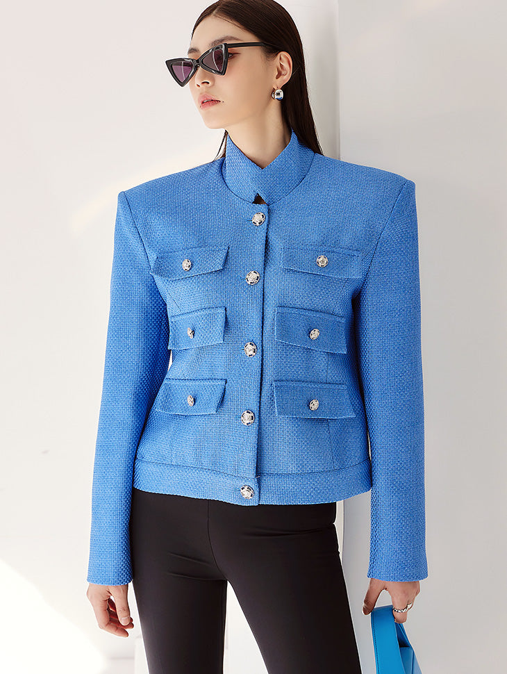 J1772 Tweed Fake Pocket Jacket