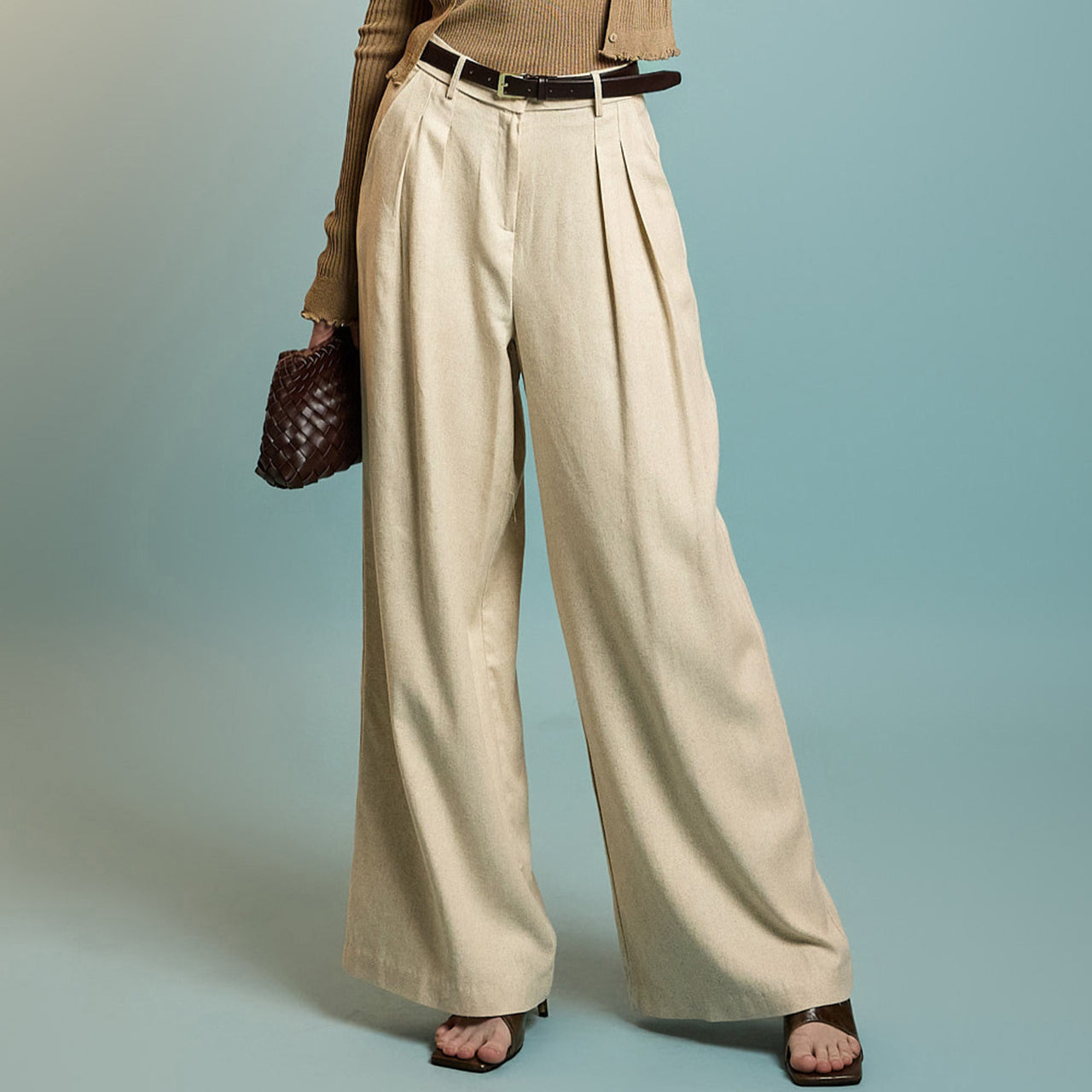 P3511 亚麻褶裥休闲裤