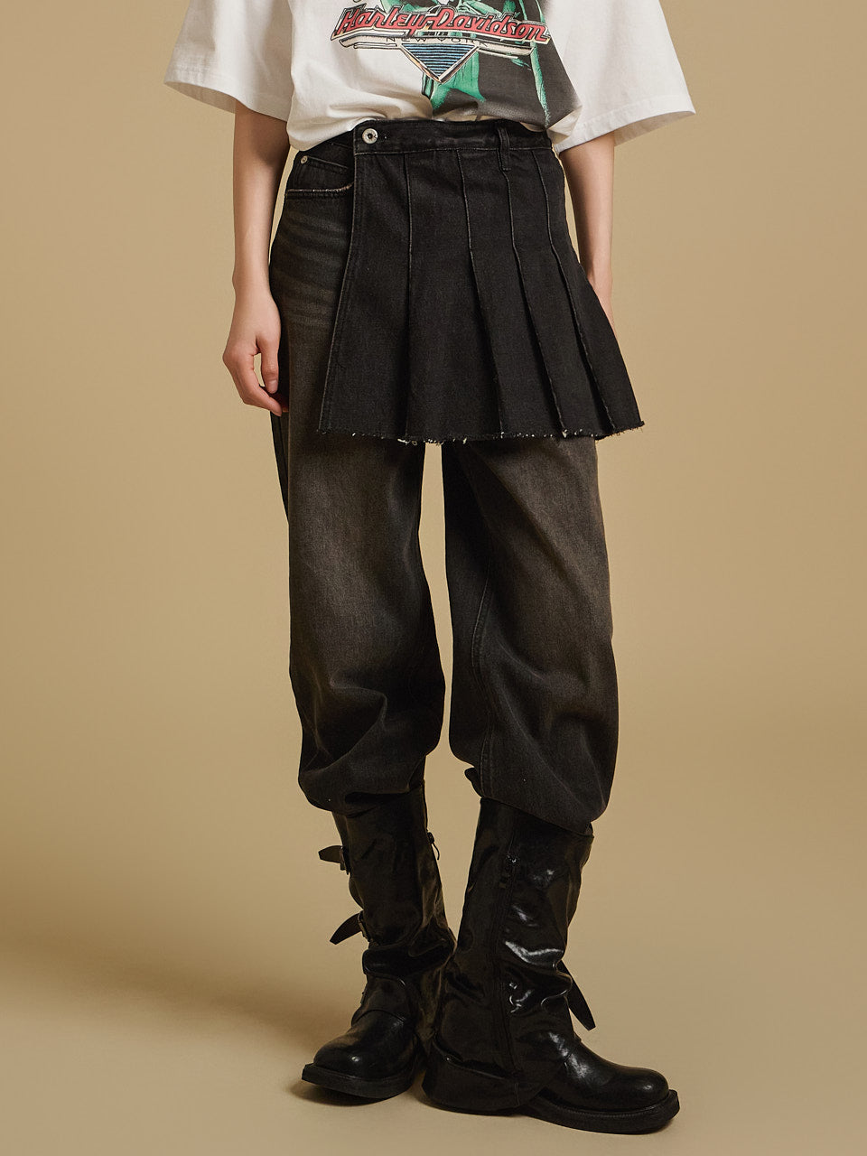 PJ558 褶皱裹身牛仔裤