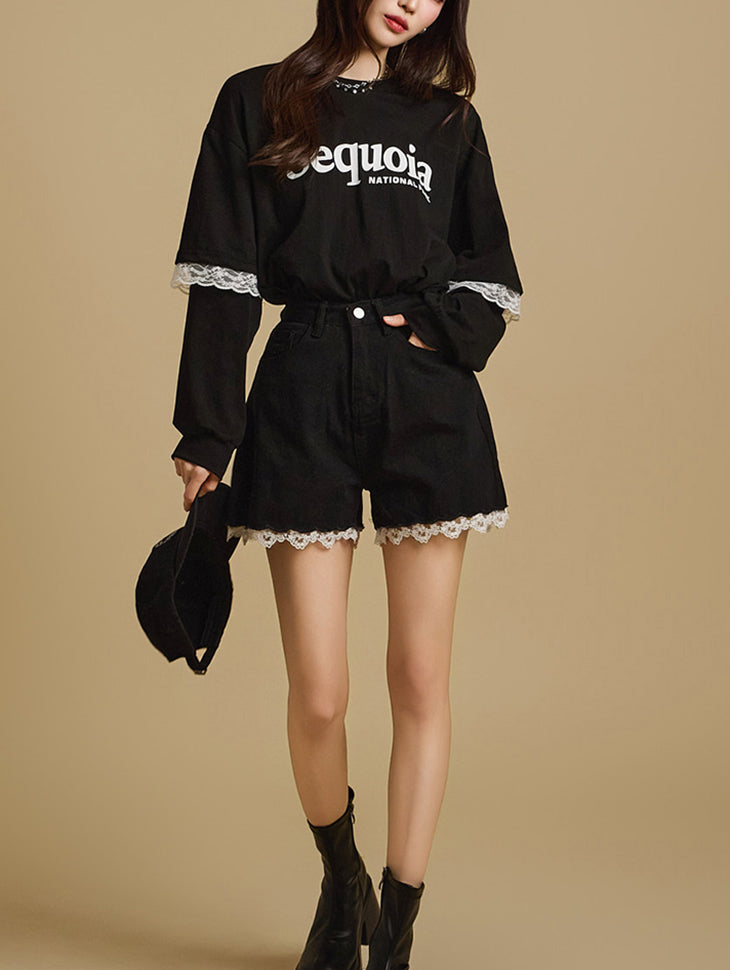 PJ559 蕾丝短牛仔裤