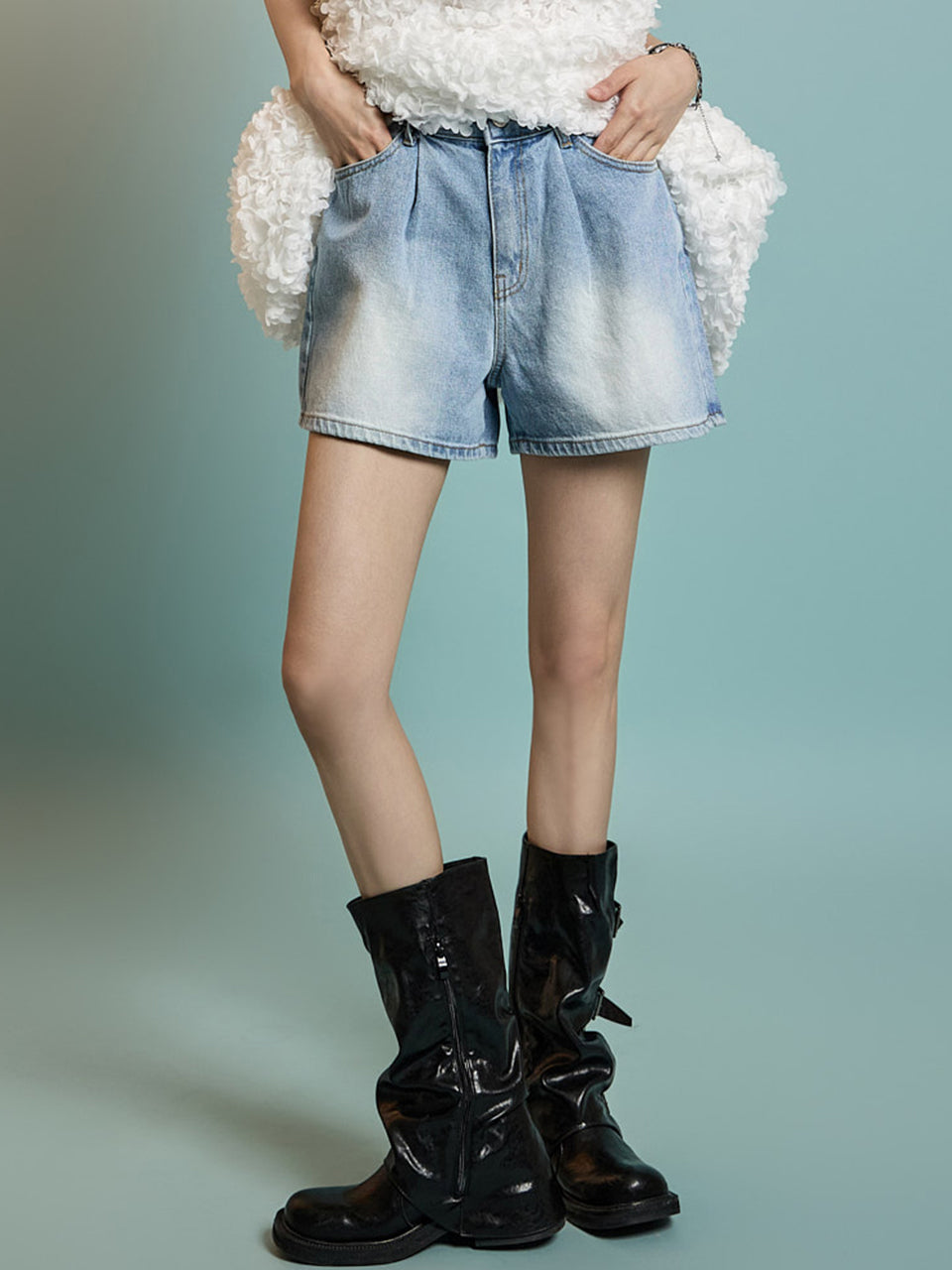 PJ584 ピンタックショートジーンズ