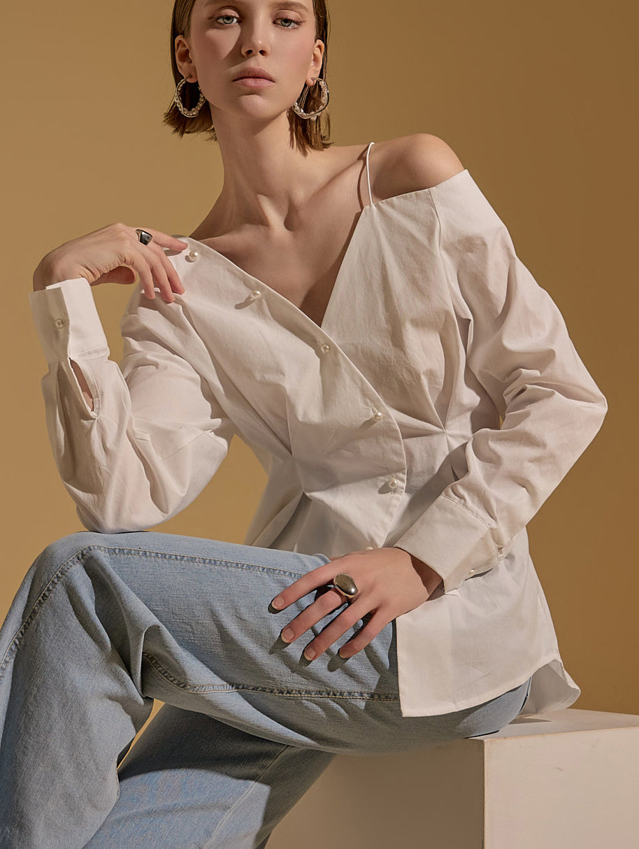 S564 ワンショルダーパールボタンシャツ